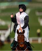 13 March 2025; Jockey Rachael Blackmore, aboard Bob Olinger, celebrates after winning the Paddy Power Stayers' Hurdle on day three of the Cheltenham Racing Festival at Prestbury Park in Cheltenham, England. Photo by Harry Murphy/Sportsfile