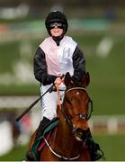 13 March 2025; Jockey Rachael Blackmore, aboard Bob Olinger, celebrates after winning the Paddy Power Stayers' Hurdle on day three of the Cheltenham Racing Festival at Prestbury Park in Cheltenham, England. Photo by Harry Murphy/Sportsfile