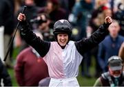 13 March 2025; Jockey Rachael Blackmore, aboard Bob Olinger, celebrates after winning the Paddy Power Stayers' Hurdle on day three of the Cheltenham Racing Festival at Prestbury Park in Cheltenham, England. Photo by Harry Murphy/Sportsfile