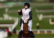 13 March 2025; Jockey Rachael Blackmore, aboard Bob Olinger, celebrates after winning the Paddy Power Stayers' Hurdle on day three of the Cheltenham Racing Festival at Prestbury Park in Cheltenham, England. Photo by Harry Murphy/Sportsfile