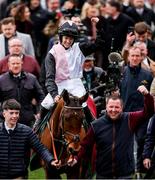 13 March 2025; Jockey Rachael Blackmore, aboard Bob Olinger, celebrates after winning the Paddy Power Stayers' Hurdle on day three of the Cheltenham Racing Festival at Prestbury Park in Cheltenham, England. Photo by Harry Murphy/Sportsfile