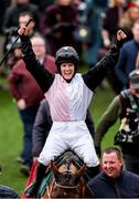 13 March 2025; Jockey Rachael Blackmore, aboard Bob Olinger, celebrates after winning the Paddy Power Stayers' Hurdle on day three of the Cheltenham Racing Festival at Prestbury Park in Cheltenham, England. Photo by Harry Murphy/Sportsfile