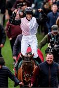 13 March 2025; Jockey Rachael Blackmore, aboard Bob Olinger, celebrates after winning the Paddy Power Stayers' Hurdle on day three of the Cheltenham Racing Festival at Prestbury Park in Cheltenham, England. Photo by Harry Murphy/Sportsfile