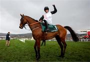 13 March 2025; Jockey Rachael Blackmore, aboard Bob Olinger, celebrates after winning the Paddy Power Stayers' Hurdle on day three of the Cheltenham Racing Festival at Prestbury Park in Cheltenham, England. Photo by Harry Murphy/Sportsfile