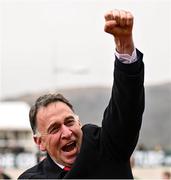 13 March 2025; Trainer Henry de Bromhead celebrates after he sent out Bob Olinger to win the Paddy Power Stayers' Hurdle during day three of the Cheltenham Racing Festival at Prestbury Park in Cheltenham, England. Photo by David Fitzgerald/Sportsfile