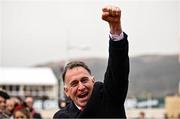 13 March 2025; Trainer Henry de Bromhead celebrates after he sent out Bob Olinger to win the Paddy Power Stayers' Hurdle during day three of the Cheltenham Racing Festival at Prestbury Park in Cheltenham, England. Photo by David Fitzgerald/Sportsfile