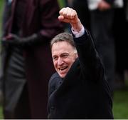 13 March 2025; Trainer Henry de Bromhead celebrates after he sent out Bob Olinger to win the Paddy Power Stayers' Hurdle during day three of the Cheltenham Racing Festival at Prestbury Park in Cheltenham, England. Photo by Harry Murphy/Sportsfile