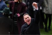 13 March 2025; Trainer Henry de Bromhead celebrates after he sent out Bob Olinger to win the Paddy Power Stayers' Hurdle during day three of the Cheltenham Racing Festival at Prestbury Park in Cheltenham, England. Photo by Harry Murphy/Sportsfile