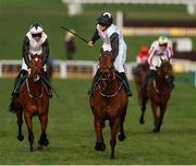 13 March 2025; Bob Olinger, with Rachael Blackmore up, right, leads Teahupoo, with Jack Kennedy up, who finished second, on their way to winning the Paddy Power Stayers' Hurdle on day three of the Cheltenham Racing Festival at Prestbury Park in Cheltenham, England. Photo by Harry Murphy/Sportsfile