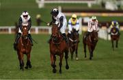 13 March 2025; Bob Olinger, with Rachael Blackmore up, right, leads Teahupoo, with Jack Kennedy up, who finished second, on their way to winning the Paddy Power Stayers' Hurdle on day three of the Cheltenham Racing Festival at Prestbury Park in Cheltenham, England. Photo by Harry Murphy/Sportsfile