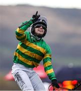 13 March 2025; Jockey Jonjo O'Neill Jr, aboard Jagwar, celebrates after winning the TrustATrader Plate Handicap Chase during day three of the Cheltenham Racing Festival at Prestbury Park in Cheltenham, England. Photo by Harry Murphy/Sportsfile