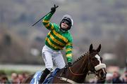 13 March 2025; Jockey Jonjo O'Neill Jr, aboard Jagwar, celebrates after winning the TrustATrader Plate Handicap Chase during day three of the Cheltenham Racing Festival at Prestbury Park in Cheltenham, England. Photo by Harry Murphy/Sportsfile