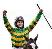 13 March 2025; Jockey Jonjo O'Neill Jr, aboard Jagwar, celebrates after winning the TrustATrader Plate Handicap Chase during day three of the Cheltenham Racing Festival at Prestbury Park in Cheltenham, England. Photo by David Fitzgerald/Sportsfile