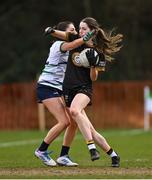 13 March 2025; Shannon O Grady of TUS Midwest is tackled by Neesha Whelan of University of Limerick during the 2025 AIG Lagan Cup final match between TUS Midwest and University of Limerick at Queen's Sport in Belfast. Photo by Shauna Clinton/Sportsfile