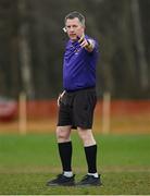 13 March 2025; Referee Ray Mathews during the 2025 AIG Lagan Cup final match between TUS Midwest and University of Limerick at Queen's Sport in Belfast. Photo by Shauna Clinton/Sportsfile