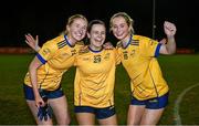13 March 2025; DCU Dóchas Éireann players, from left,  Emma Hickey, Eimear O'Neill and Aobha Harmon celebrate after their side's victory in the 2025 AIG Moynihan Cup final match between TUD CC1 and DCU Dóchas Éireann at Queen's Sport in Belfast. Photo by Shauna Clinton/Sportsfile