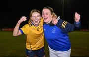 13 March 2025; DCU Dóchas Éireann players Emma O'Brien, left, and Shauna Slattery celebrate after their side's victory in the 2025 AIG Moynihan Cup final match between TUD CC1 and DCU Dóchas Éireann at Queen's Sport in Belfast. Photo by Shauna Clinton/Sportsfile