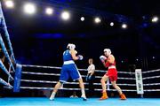 13 March 2025; Aoife O’Rourke of Ireland, right,  in action against Aziza Zokirova of Uzbekistan in their 70-75kg Elite Women Quarter-Final bout during the 2025 IBA Women's World Boxing Championships quarter-finals at the Cair Sports Center in Niš, Serbia. Photo by Nikola Krstic/Sportsfile