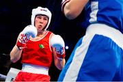 13 March 2025; Aoife O’Rourke of Ireland, left, in action against Aziza Zokirova of Uzbekistan in their 70-75kg Elite Women Quarter-Final bout during the 2025 IBA Women's World Boxing Championships quarter-finals at the Cair Sports Center in Niš, Serbia. Photo by Nikola Krstic/Sportsfile