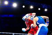 13 March 2025; Aoife O’Rourke of Ireland, left, in action against Aziza Zokirova of Uzbekistan in their 70-75kg Elite Women Quarter-Final bout during the 2025 IBA Women's World Boxing Championships quarter-finals at the Cair Sports Center in Niš, Serbia. Photo by Nikola Krstic/Sportsfile
