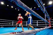 13 March 2025; Aoife O’Rourke of Ireland, left, in action against Aziza Zokirova of Uzbekistan in their 70-75kg Elite Women Quarter-Final bout during the 2025 IBA Women's World Boxing Championships quarter-finals at the Cair Sports Center in Niš, Serbia. Photo by Nikola Krstic/Sportsfile