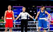 13 March 2025; Aoife O’Rourke of Ireland, left, waits to be declared the winner over Aziza Zokirova of Uzbekistan in their 70-75kg Elite Women Quarter-Final bout during the 2025 IBA Women's World Boxing Championships quarter-finals at the Cair Sports Center in Niš, Serbia. Photo by Nikola Krstic/Sportsfile