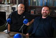 14 March 2025; Simon Zebo, Andy Goode and Jim Hamilton teamed up with BoyleSports to chat Six Nations. BoyleSports will Pay Out Early on every Six Nations game this weekend if either side goes 17 points ahead at any stage. At the event held in Toners Pub, Dublin, is ex Munster and Ireland International Simon Zebo, left, and ex England International Andy Goode. Photo by Stephen McCarthy/Sportsfile