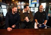 14 March 2025; Simon Zebo, Andy Goode and Jim Hamilton teamed up with BoyleSports to chat Six Nations. BoyleSports will Pay Out Early on every Six Nations game this weekend if either side goes 17 points ahead at any stage. At the event held in Toners Pub, Dublin, is, from right, ex Munster and Ireland International Simon Zebo, ex Scottish International Jim Hamilton and ex England International Andy Goode. Photo by Stephen McCarthy/Sportsfile