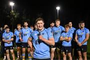 13 March 2025; Chris Hennessy of UCD gives a speech after his side's victory in the annual men’s Rugby Colours match between Dublin University and UCD at UCD Bowl in Dublin. Photo by Sam Barnes/Sportsfile