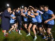 13 March 2025; UCD Club captain James Tarrant, left, and Chris Hennessy of UCD lift the cup after their side's victory in the annual men’s Rugby Colours match between Dublin University and UCD at UCD Bowl in Dublin. Photo by Sam Barnes/Sportsfile