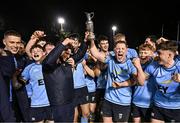 13 March 2025; UCD Club captain James Tarrant, left, and Chris Hennessy of UCD lift the cup after their side's victory in the annual men’s Rugby Colours match between Dublin University and UCD at UCD Bowl in Dublin. Photo by Sam Barnes/Sportsfile