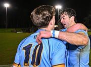 13 March 2025; Ross Deegan of UCD, right, celebrates with teammates after their victory in the annual men’s Rugby Colours match between Dublin University and UCD at UCD Bowl in Dublin. Photo by Sam Barnes/Sportsfile