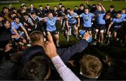 13 March 2025; Chris Hennessy of UCD, centre, leads the celebrations with the cup after their side's victory in the annual men’s Rugby Colours match between Dublin University and UCD at UCD Bowl in Dublin. Photo by Sam Barnes/Sportsfile