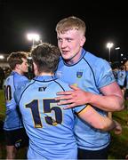 13 March 2025; Conor O'Tighearhaigh, right, and Tim Corkery of UCD celebrate after their sides victory in the annual men’s Rugby Colours match between Dublin University and UCD at UCD Bowl in Dublin. Photo by Sam Barnes/Sportsfile