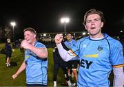 13 March 2025; Daragh Gilbourne, right, and Chris Hennessy of UCD celebrate after their sides victory in the annual men’s Rugby Colours match between Dublin University and UCD at UCD Bowl in Dublin. Photo by Sam Barnes/Sportsfile
