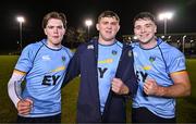 13 March 2025; UCD players celebrate after their side's victory in the annual men’s Rugby Colours match between Dublin University and UCD at UCD Bowl in Dublin. Photo by Sam Barnes/Sportsfile