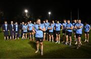 13 March 2025; Chris Hennessy of UCD gives a speech after his side's victory in the annual men’s Rugby Colours match between Dublin University and UCD at UCD Bowl in Dublin. Photo by Sam Barnes/Sportsfile