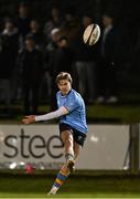 13 March 2025; Daragh Gilbourne of UCD kicks a conversion during the annual men’s Rugby Colours match between Dublin University and UCD at UCD Bowl in Dublin. Photo by Sam Barnes/Sportsfile