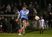 13 March 2025; Daragh Gilbourne of UCD kicks a penalty during the annual men’s Rugby Colours match between Dublin University and UCD at UCD Bowl in Dublin. Photo by Sam Barnes/Sportsfile
