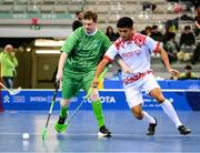 14 March 2025; Frank O'Dwyer of Team Ireland, a member of Tipperary Special Olympics Club, Ballylandis, Limerick, in action against Bryton Cano Acuna of Special Olympics Costa Rica during day six of the Turin 2025 Special Olympics World Winter Games in the Inalpi Arena, Turin, Italy. Photo by Ray McManus/Sportsfile