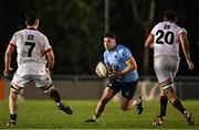 13 March 2025; Evan Moynihan of UCD in action against Dylan Ryan, left. and Steve Woods of Dublin University during the annual men’s Rugby Colours match between Dublin University and UCD at UCD Bowl in Dublin. Photo by Sam Barnes/Sportsfile