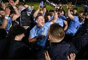 13 March 2025; Chris Hennessy of UCD, centre, celebrates with the cup after their victory in the annual men’s Rugby Colours match between Dublin University and UCD at UCD Bowl in Dublin. Photo by Sam Barnes/Sportsfile