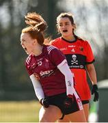 14 March 2025; Kate Skev of UG celebrates after scoring a goal during the 2025 Ladies AIG HEC O'Connor Cup semi-final match between University College Cork and University of Galway at Queen's Sport, Queens University, Belfast. Photo by Shauna Clinton/Sportsfile
