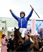 14 March 2025; Jonjo O'Neill Jr, aboard Poniros, celebrates after winning The JCB Triumph Hurdle on day four of the Cheltenham Racing Festival at Prestbury Park in Cheltenham, England. Photo by Harry Murphy/Sportsfile