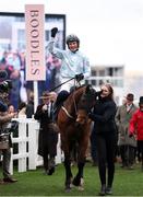 14 March 2025; Jockey Paul Townend, aboard Kargese, celebrates after winning The William Hill County Handicap Hurdle Race on day four of the Cheltenham Racing Festival at Prestbury Park in Cheltenham, England. Photo by Harry Murphy/Sportsfile