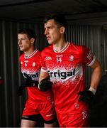 2 March 2025; Shane McGuigan, right, and Brendan Rogers of Derry during the Allianz Football League Division 1 match between Donegal and Derry at Fr Tierney Park in Ballyshannon, Donegal. Photo by Ramsey Cardy/Sportsfile