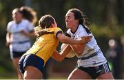 14 March 2025; Niamh King of UU Belfast is tackled by Christina Charters of DCU DÉ during the 2025 Ladies AIG HEC O'Connor Cup semi-final match between DCU Dóchas Éireann and UU Belfast at Queen's Sport, Queens University, Belfast. Photo by Shauna Clinton/Sportsfile