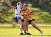 14 March 2025; Christina Charters of DCU DÉ in action against Lauren Garland of UU Belfast during the 2025 Ladies AIG HEC O'Connor Cup semi-final match between DCU Dóchas Éireann and UU Belfast at Queen's Sport, Queens University, Belfast. Photo by Shauna Clinton/Sportsfile