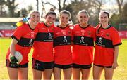 14 March 2025; UCC players, from left, Emma Morrissey, Aimee Corcoran, Leah Hallihan, Rosie Corkery and Roisin Ennis celebrate after their side's victory in the 2025 Ladies AIG HEC O'Connor Cup semi-final match between University College Cork and University of Galway at Queen's Sport, Queens University, Belfast. Photo by Shauna Clinton/Sportsfile