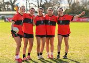 14 March 2025; UCC players, from left, Emma Morrissey, Aimee Corcoran, Leah Hallihan, Rosie Corkery and Roisin Ennis celebrate after their side's victory in the 2025 Ladies AIG HEC O'Connor Cup semi-final match between University College Cork and University of Galway at Queen's Sport, Queens University, Belfast. Photo by Shauna Clinton/Sportsfile